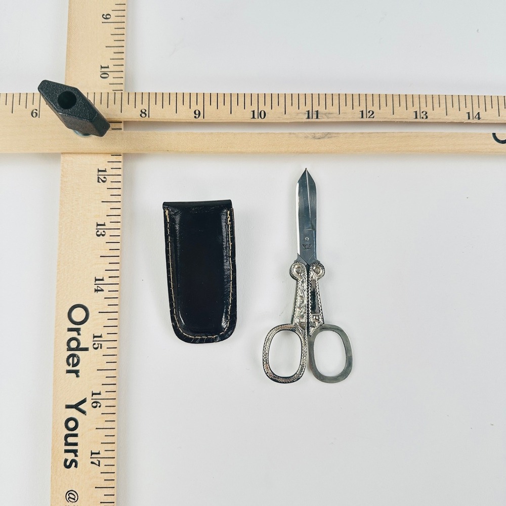 Japan Folding Scissors Silver Stainless High Steel Ornate With Case